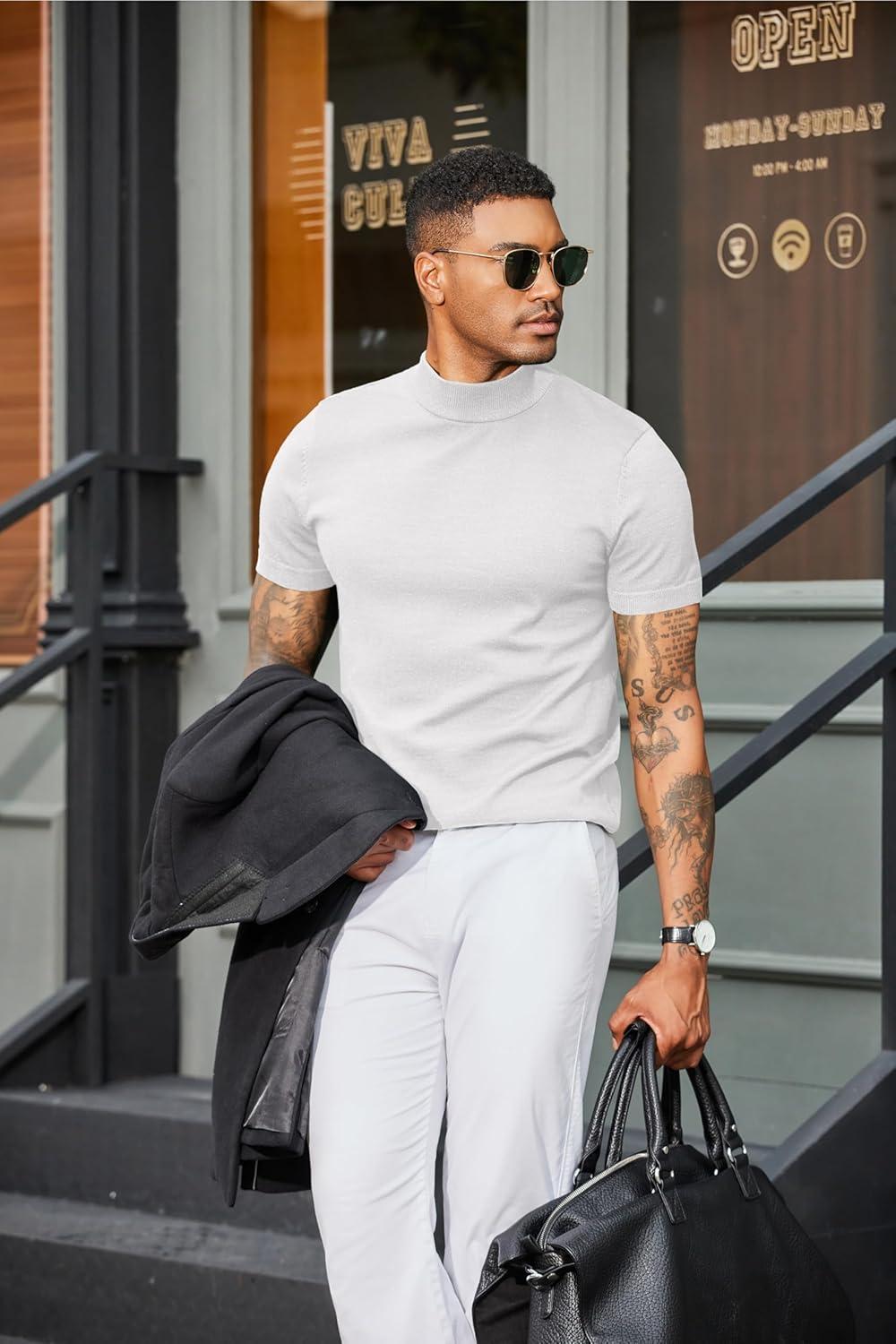 imageCOOFANDY Mens Mock Turtleneck Sweater Short Sleeve Casual Dress Sweater Slim Fit Pullover Basic Knit TeeAll White