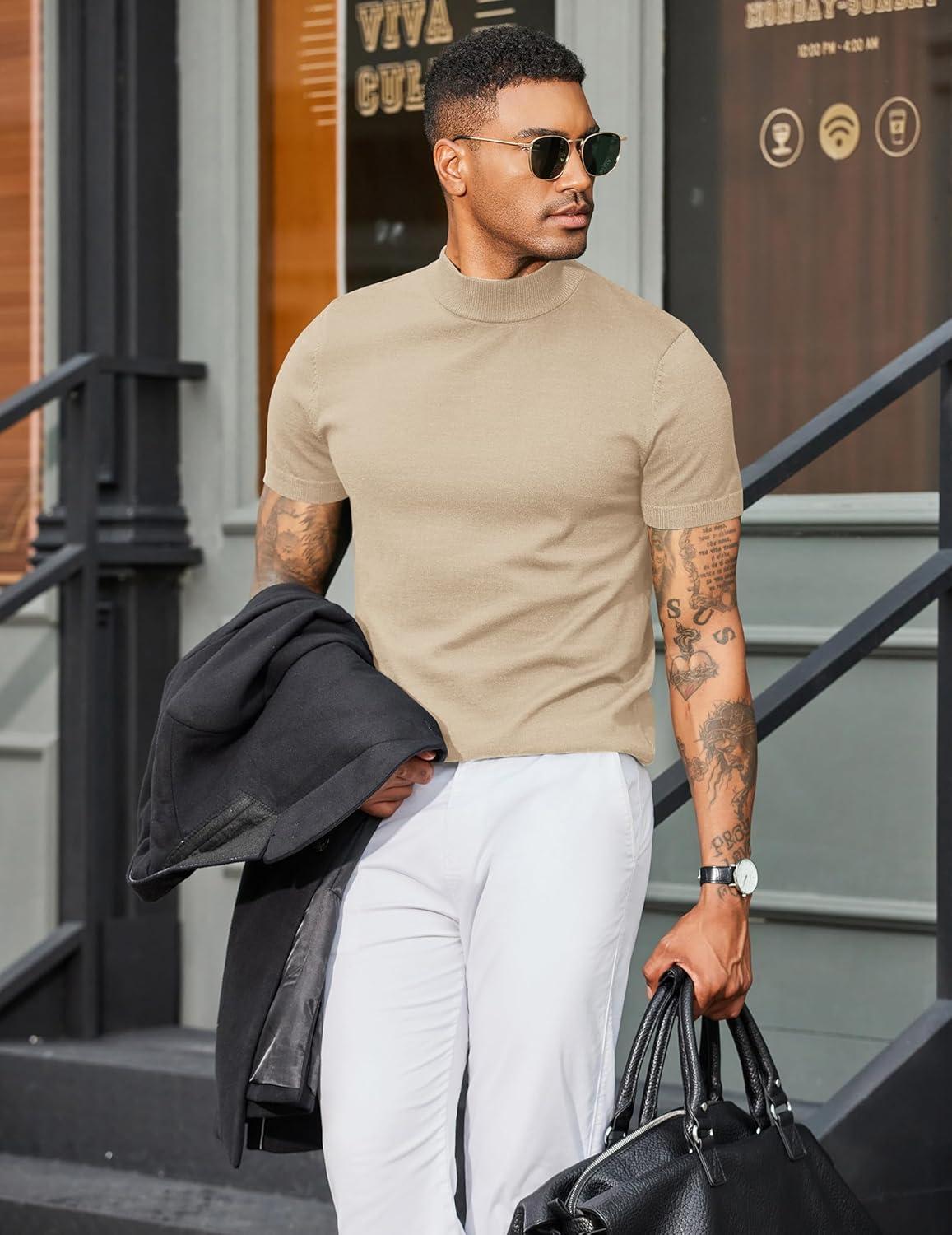 imageCOOFANDY Mens Mock Turtleneck Sweater Short Sleeve Casual Dress Sweater Slim Fit Pullover Basic Knit TeeBeige