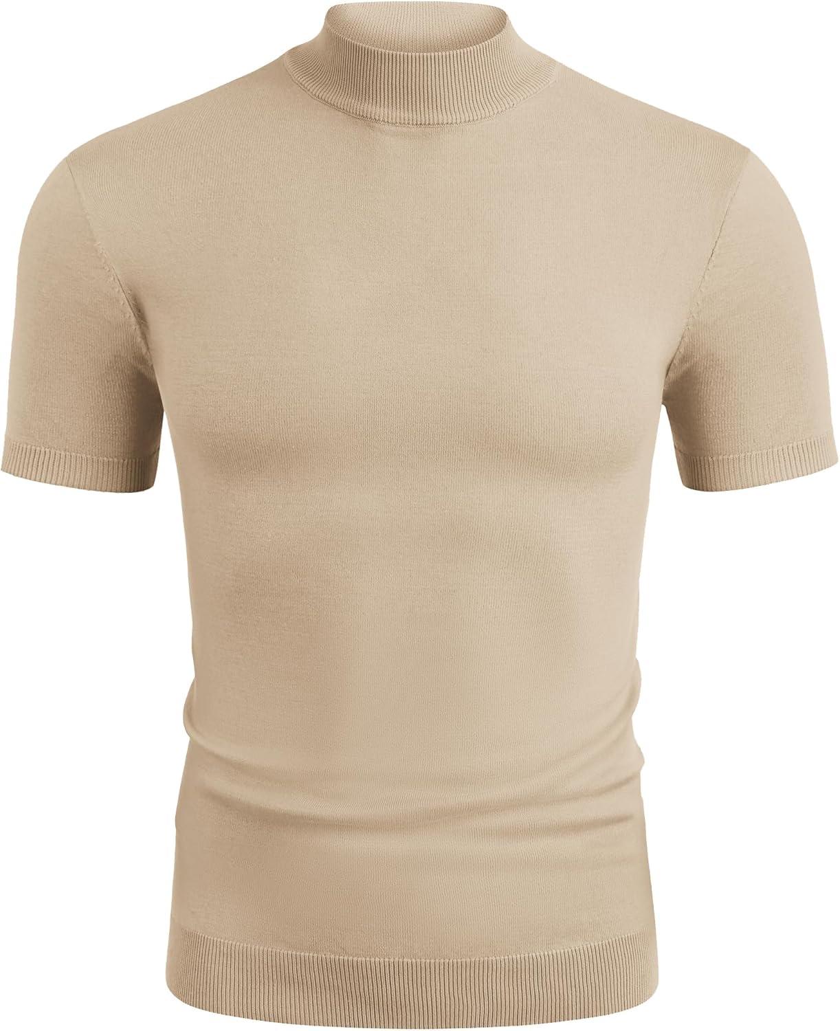 imageCOOFANDY Mens Mock Turtleneck Sweater Short Sleeve Casual Dress Sweater Slim Fit Pullover Basic Knit TeeBeige