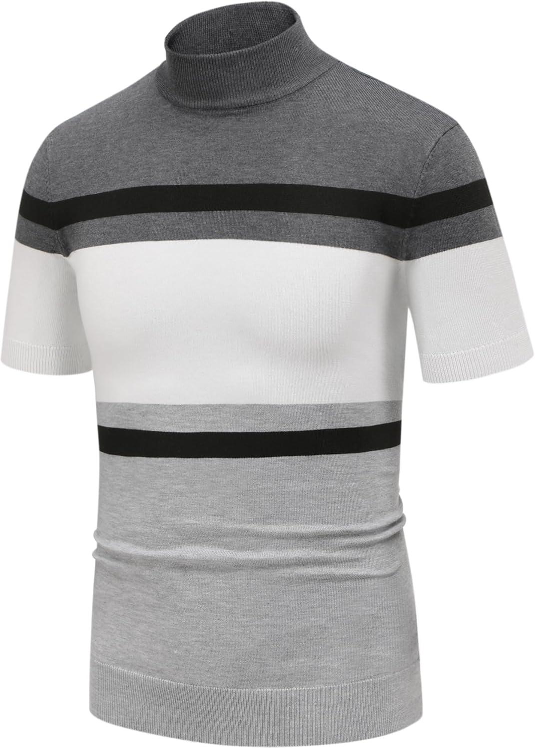 imageCOOFANDY Mens Mock Turtleneck Sweater Short Sleeve Casual Dress Sweater Slim Fit Pullover Basic Knit TeeGray Stripe