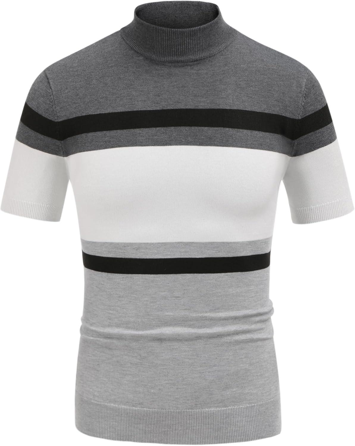 imageCOOFANDY Mens Mock Turtleneck Sweater Short Sleeve Casual Dress Sweater Slim Fit Pullover Basic Knit TeeGray Stripe