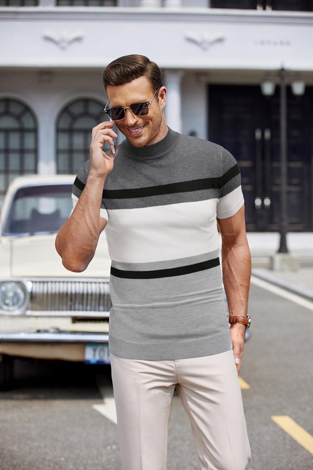 imageCOOFANDY Mens Mock Turtleneck Sweater Short Sleeve Casual Dress Sweater Slim Fit Pullover Basic Knit TeeGray Stripe