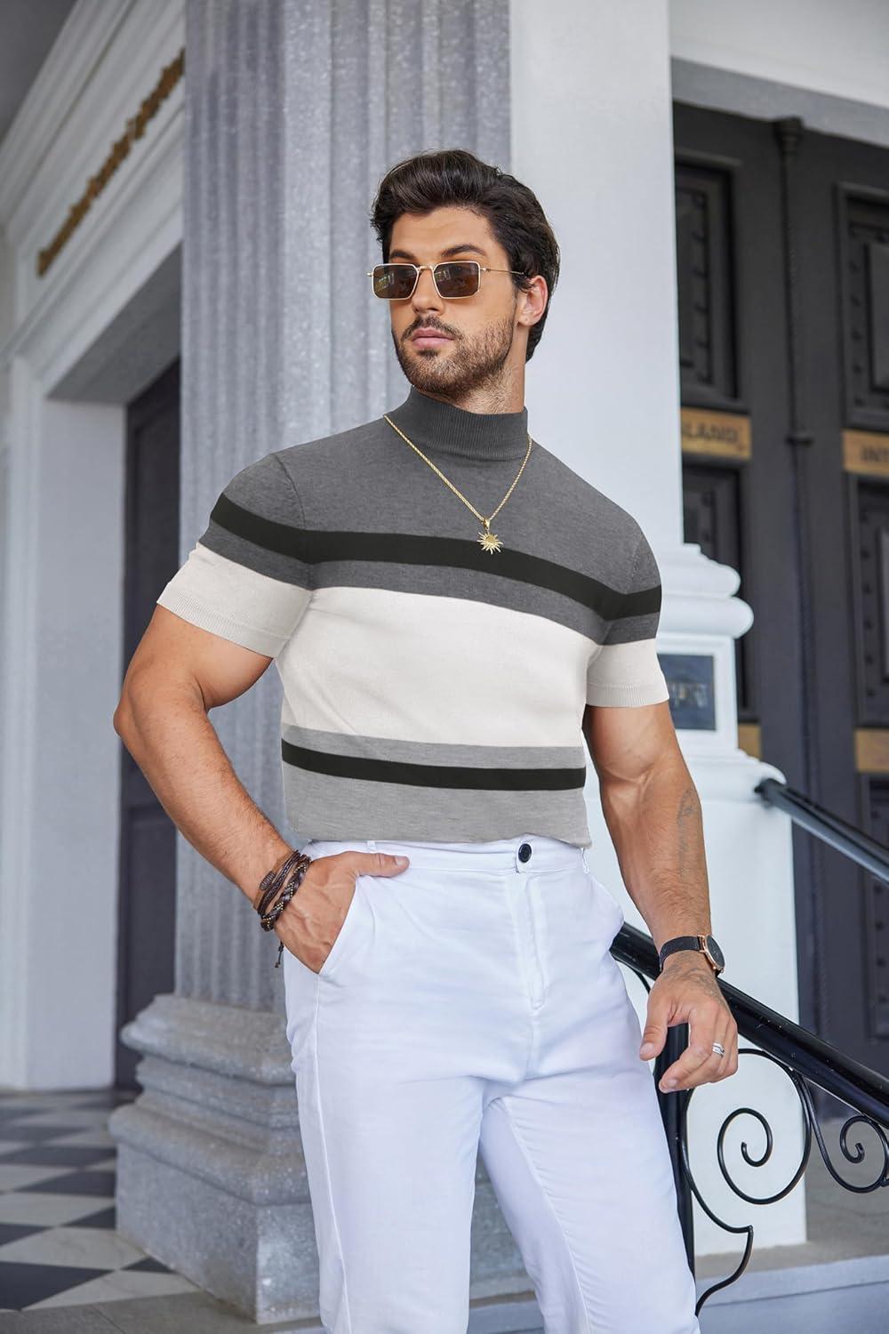 imageCOOFANDY Mens Mock Turtleneck Sweater Short Sleeve Casual Dress Sweater Slim Fit Pullover Basic Knit TeeGray Stripe