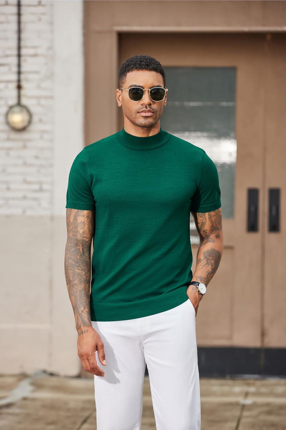 imageCOOFANDY Mens Mock Turtleneck Sweater Short Sleeve Casual Dress Sweater Slim Fit Pullover Basic Knit TeeGreen
