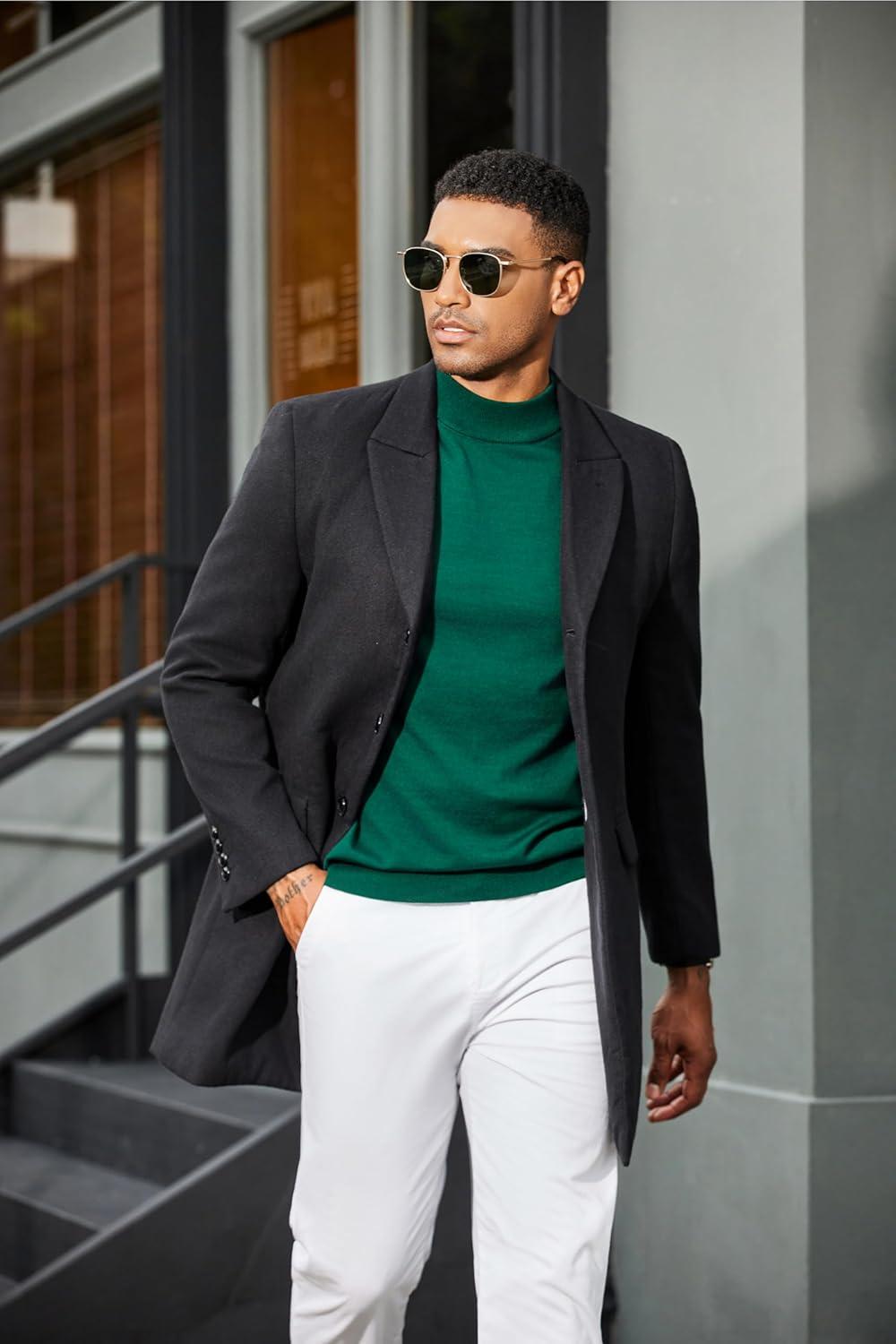 imageCOOFANDY Mens Mock Turtleneck Sweater Short Sleeve Casual Dress Sweater Slim Fit Pullover Basic Knit TeeGreen