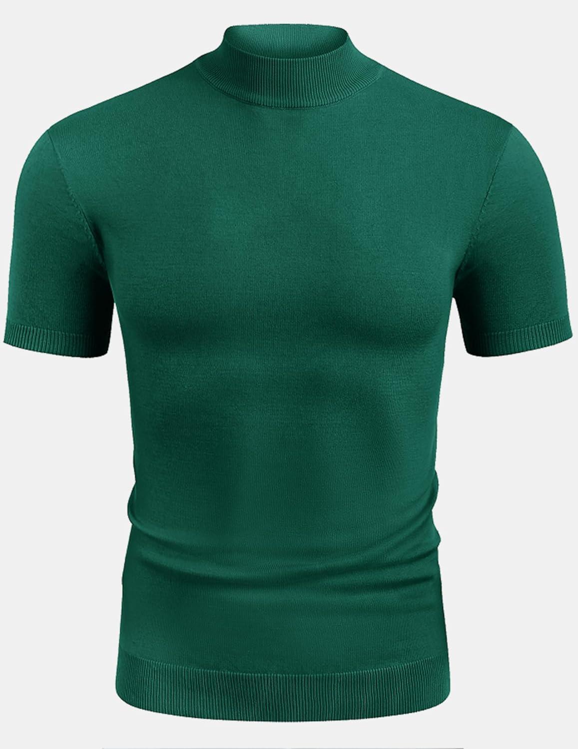 imageCOOFANDY Mens Mock Turtleneck Sweater Short Sleeve Casual Dress Sweater Slim Fit Pullover Basic Knit TeeGreen