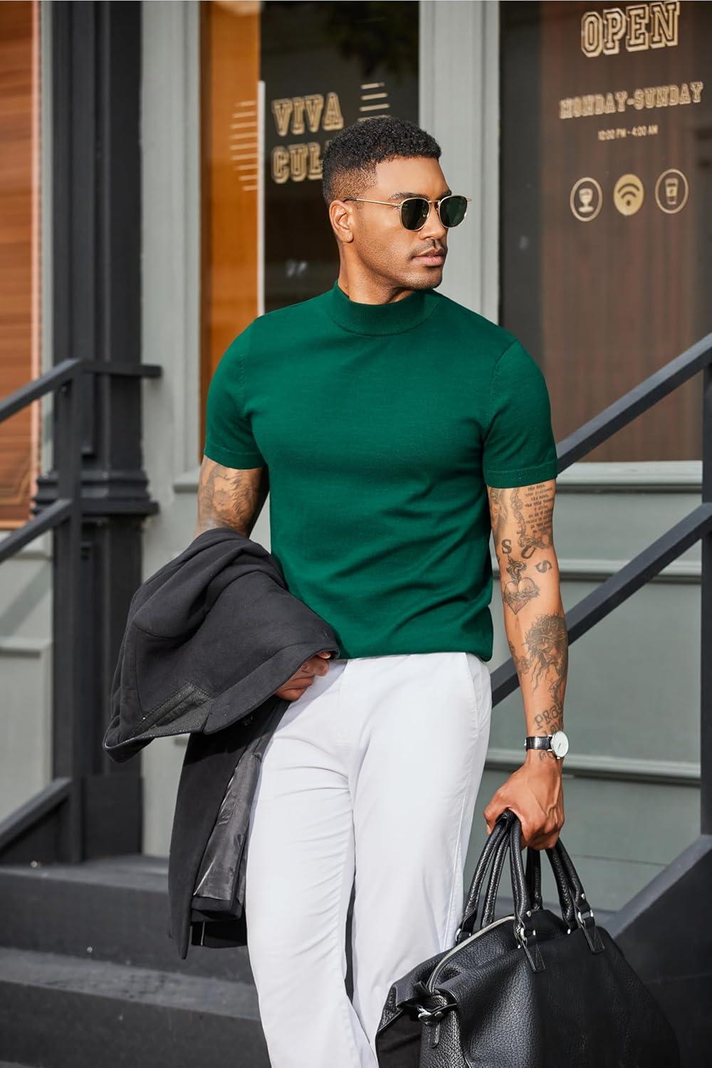 imageCOOFANDY Mens Mock Turtleneck Sweater Short Sleeve Casual Dress Sweater Slim Fit Pullover Basic Knit TeeGreen