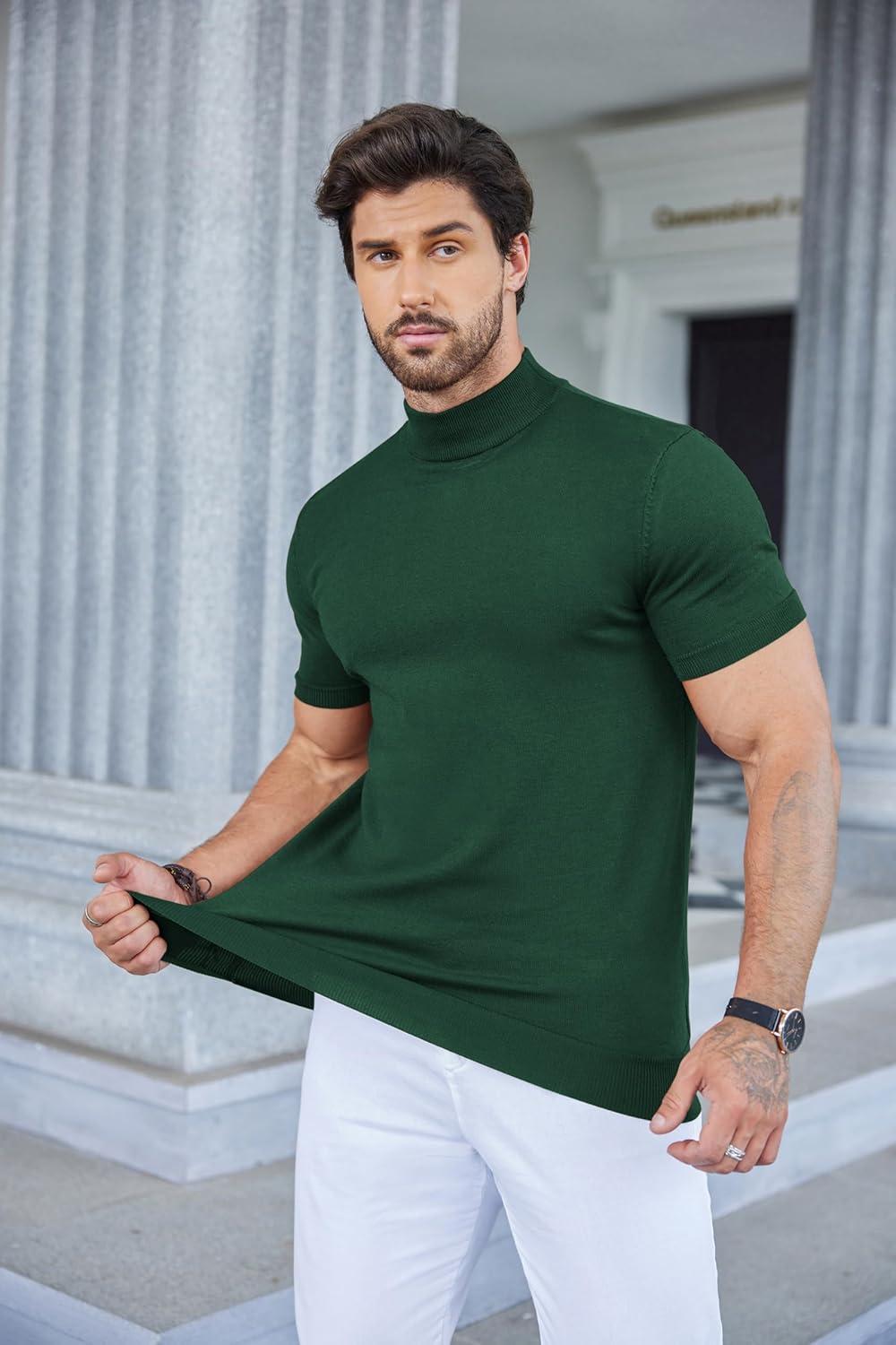 imageCOOFANDY Mens Mock Turtleneck Sweater Short Sleeve Casual Dress Sweater Slim Fit Pullover Basic Knit TeeGreen