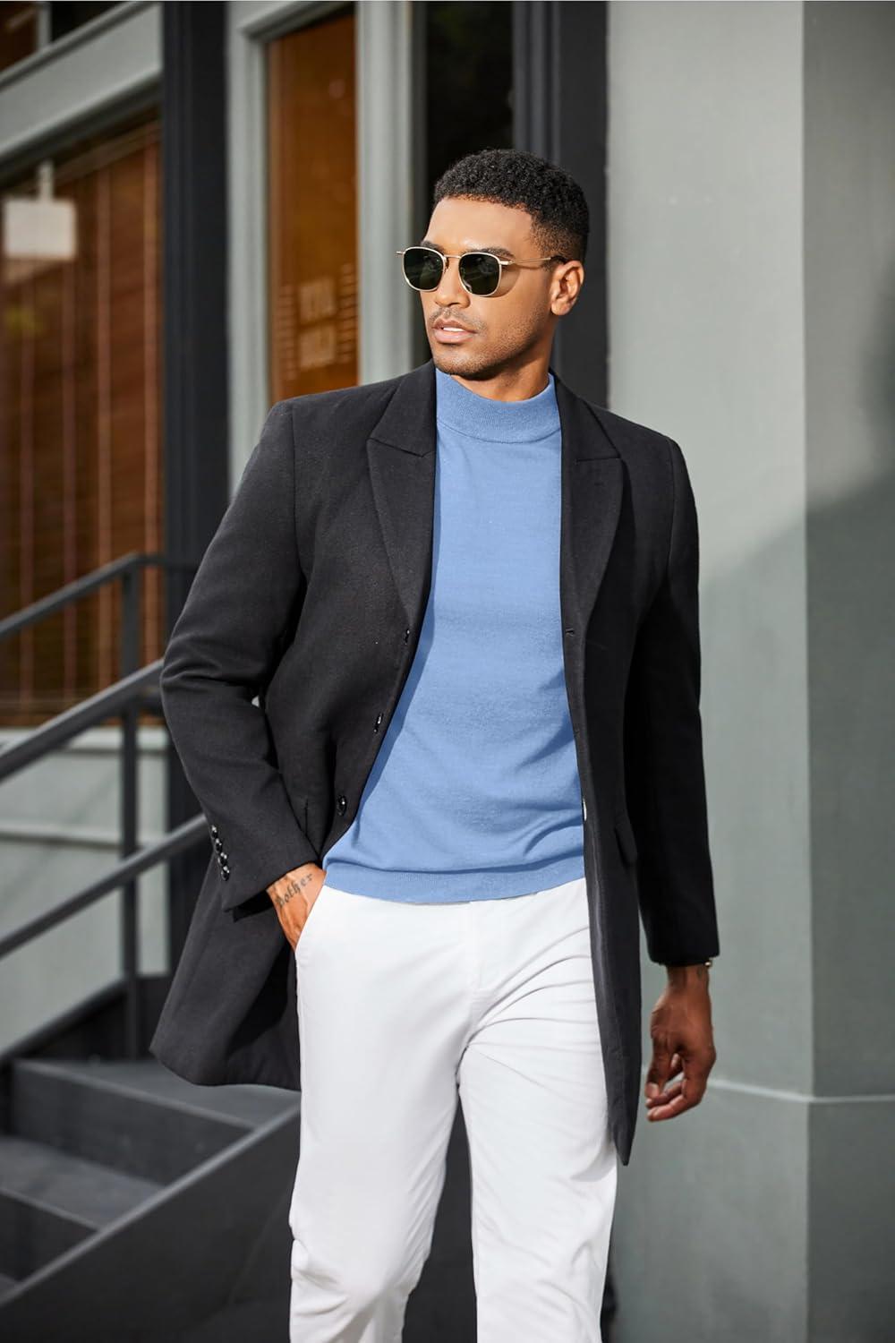 imageCOOFANDY Mens Mock Turtleneck Sweater Short Sleeve Casual Dress Sweater Slim Fit Pullover Basic Knit TeeLight Blue