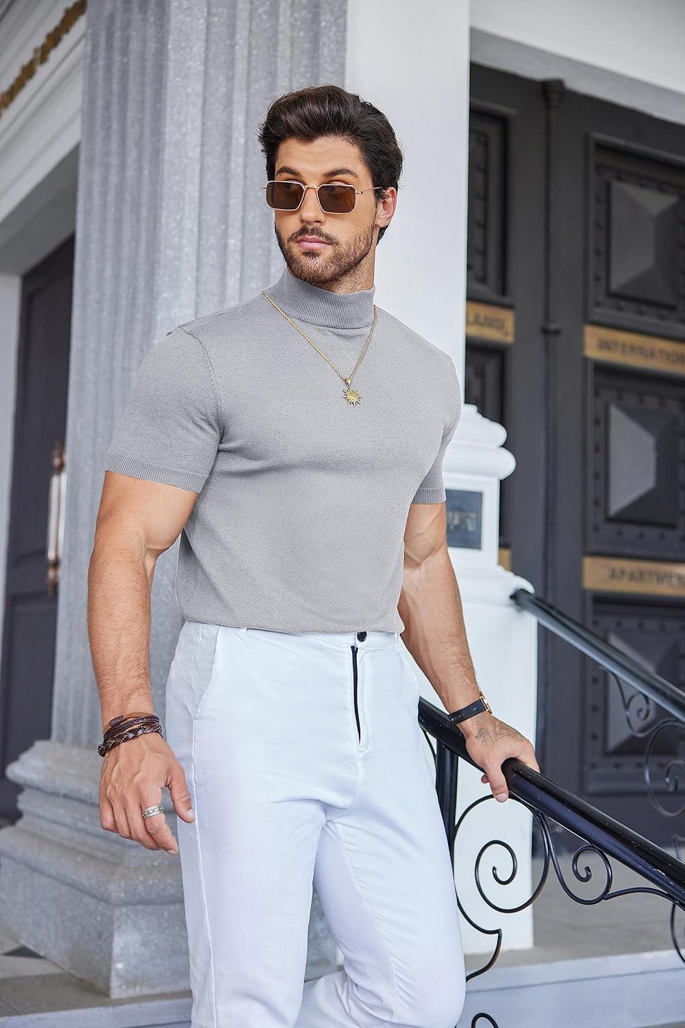 imageCOOFANDY Mens Mock Turtleneck Sweater Short Sleeve Casual Dress Sweater Slim Fit Pullover Basic Knit TeeLight Grey