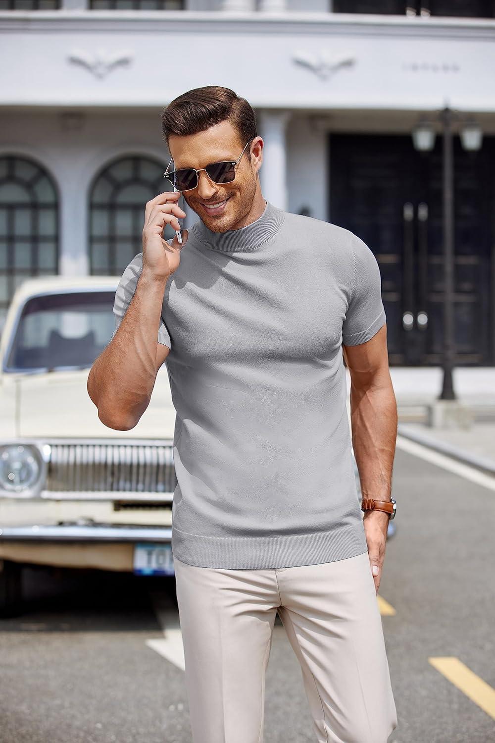 imageCOOFANDY Mens Mock Turtleneck Sweater Short Sleeve Casual Dress Sweater Slim Fit Pullover Basic Knit TeeLight Grey