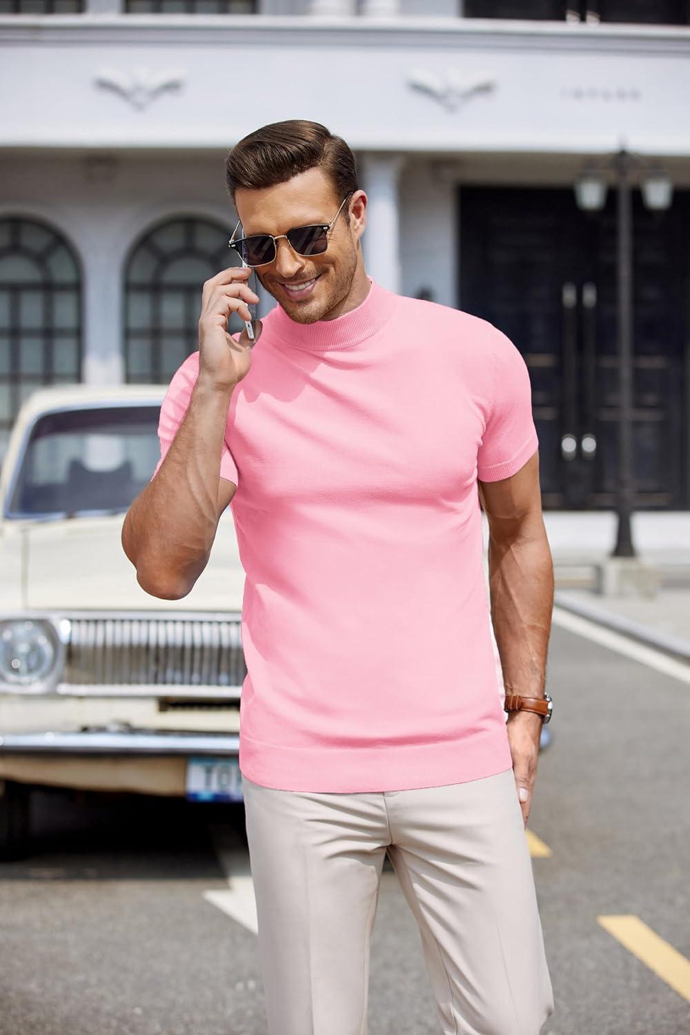 imageCOOFANDY Mens Mock Turtleneck Sweater Short Sleeve Casual Dress Sweater Slim Fit Pullover Basic Knit TeePink
