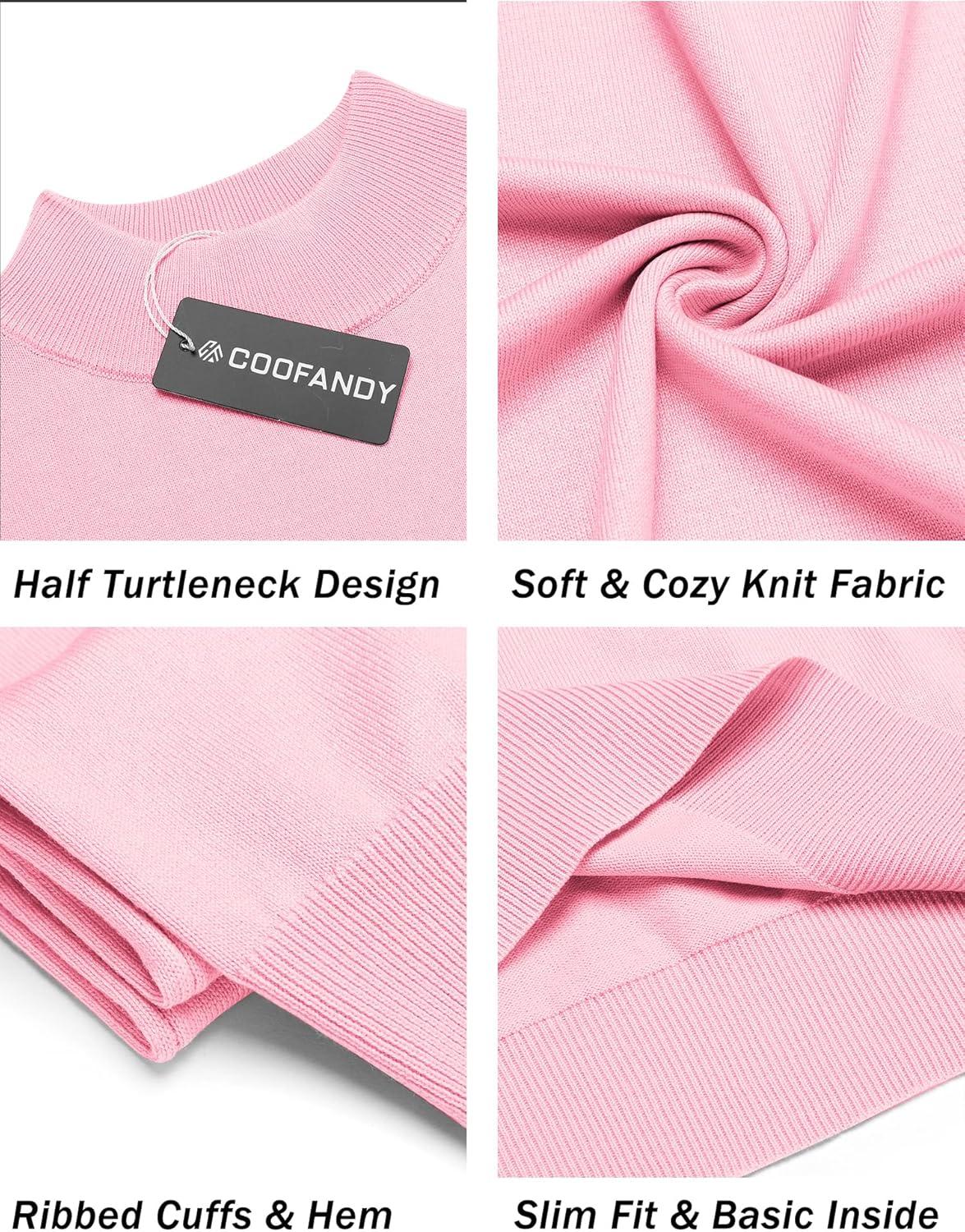 imageCOOFANDY Mens Mock Turtleneck Sweater Short Sleeve Casual Dress Sweater Slim Fit Pullover Basic Knit TeePink