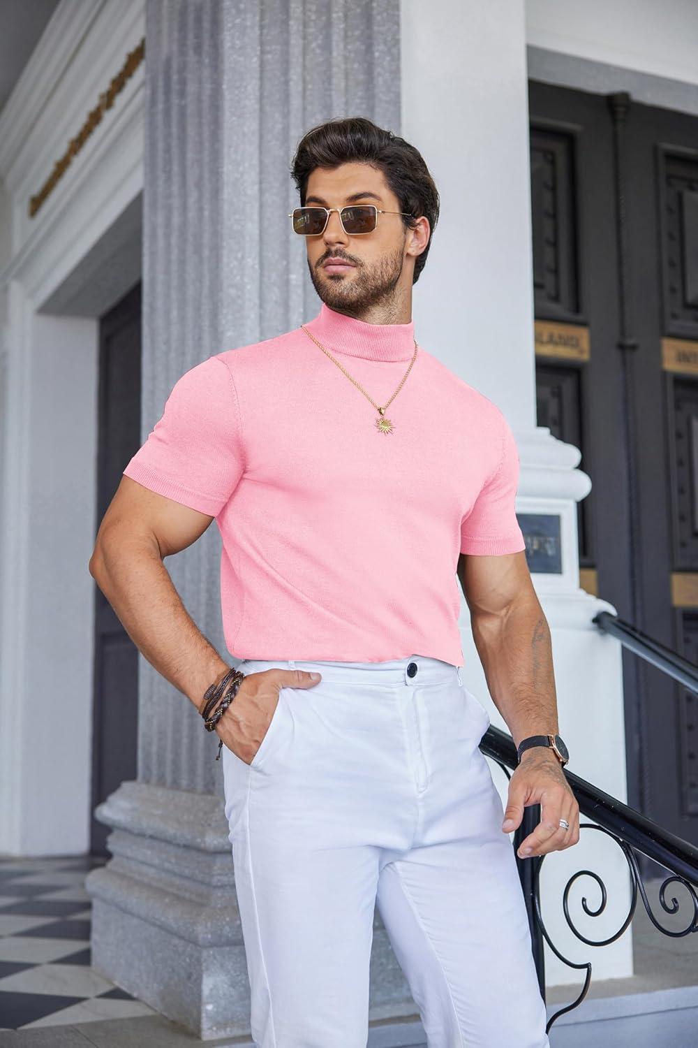 imageCOOFANDY Mens Mock Turtleneck Sweater Short Sleeve Casual Dress Sweater Slim Fit Pullover Basic Knit TeePink