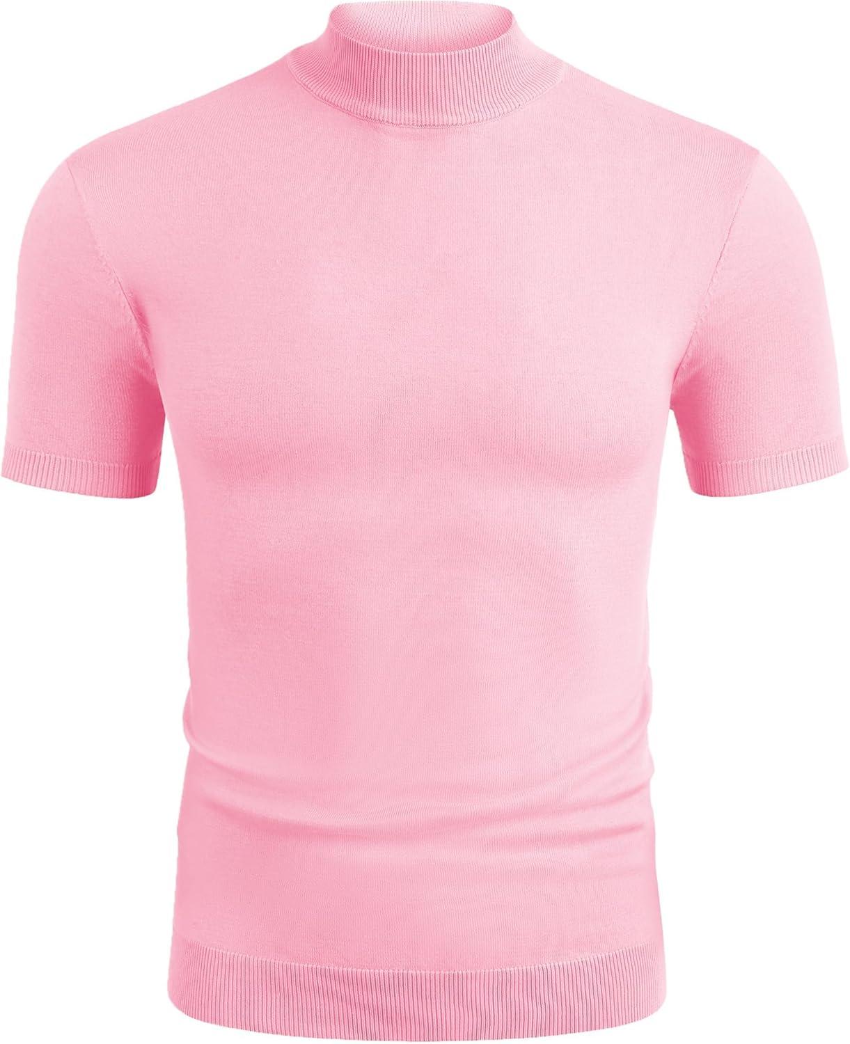 imageCOOFANDY Mens Mock Turtleneck Sweater Short Sleeve Casual Dress Sweater Slim Fit Pullover Basic Knit TeePink