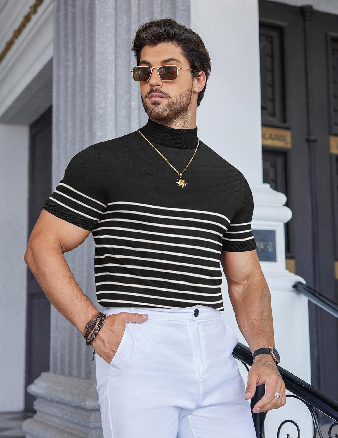 imageCOOFANDY Mens Mock Turtleneck Sweater Short Sleeve Casual Dress Sweater Slim Fit Pullover Basic Knit TeeStriped Black White
