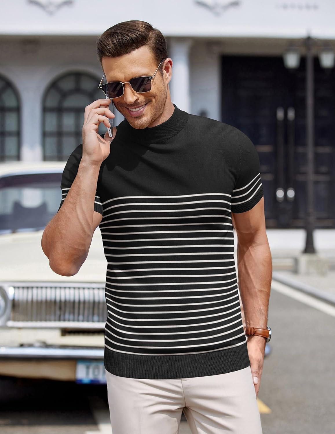 imageCOOFANDY Mens Mock Turtleneck Sweater Short Sleeve Casual Dress Sweater Slim Fit Pullover Basic Knit TeeStriped Black White