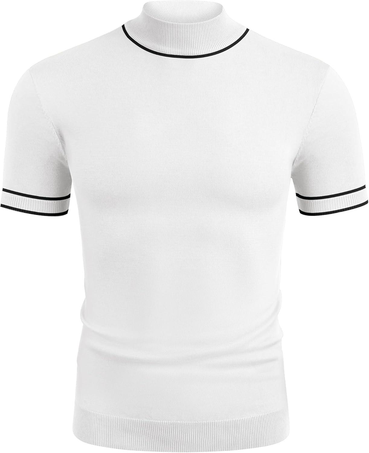 imageCOOFANDY Mens Mock Turtleneck Sweater Short Sleeve Casual Dress Sweater Slim Fit Pullover Basic Knit TeeStriped White