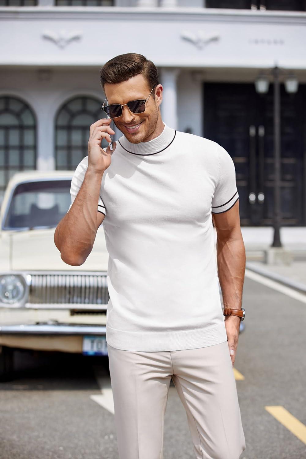 imageCOOFANDY Mens Mock Turtleneck Sweater Short Sleeve Casual Dress Sweater Slim Fit Pullover Basic Knit TeeStriped White