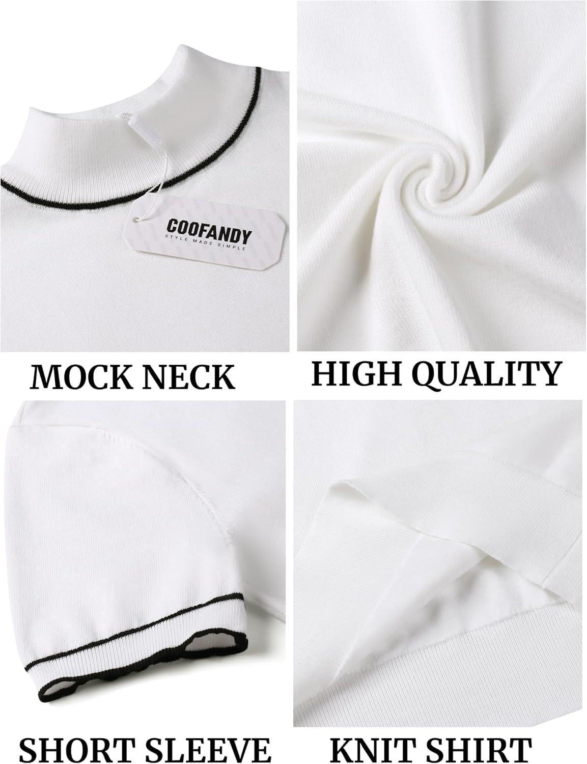 imageCOOFANDY Mens Mock Turtleneck Sweater Short Sleeve Casual Dress Sweater Slim Fit Pullover Basic Knit TeeStriped White