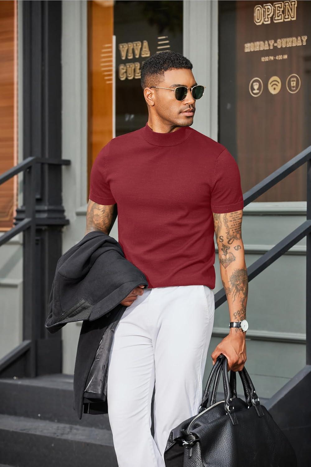 imageCOOFANDY Mens Mock Turtleneck Sweater Short Sleeve Casual Dress Sweater Slim Fit Pullover Basic Knit TeeWine Red