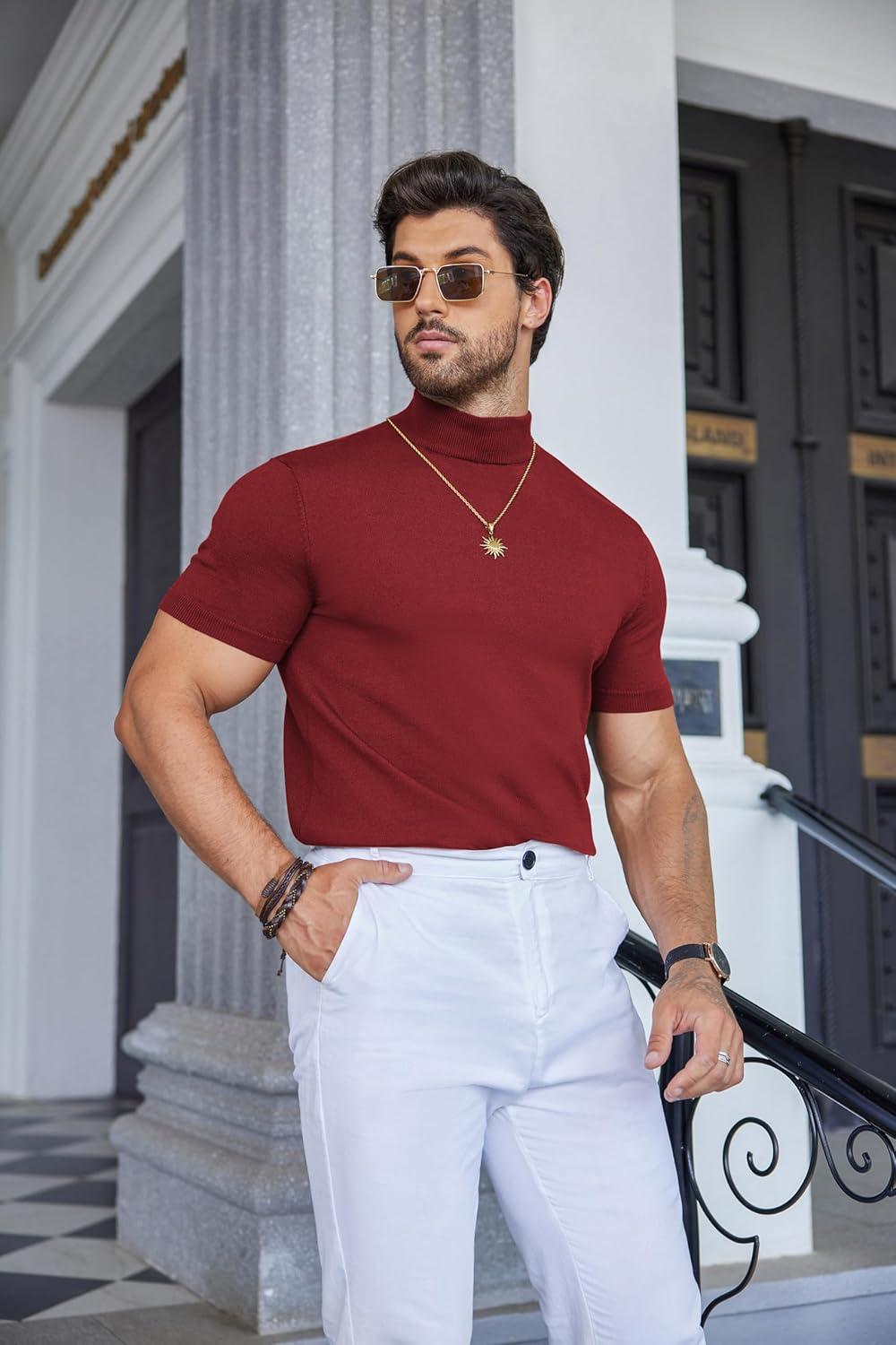 imageCOOFANDY Mens Mock Turtleneck Sweater Short Sleeve Casual Dress Sweater Slim Fit Pullover Basic Knit TeeWine Red