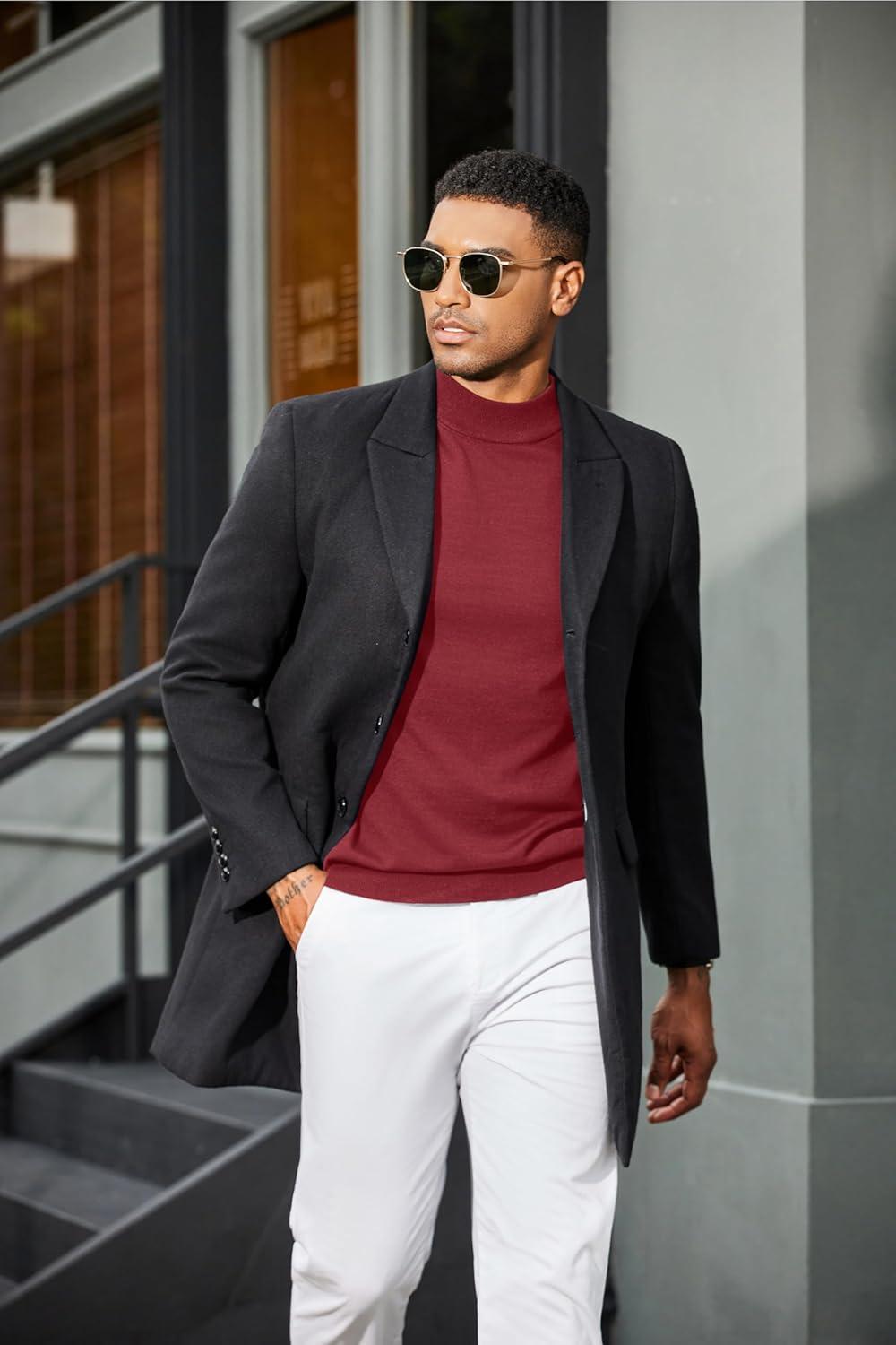 imageCOOFANDY Mens Mock Turtleneck Sweater Short Sleeve Casual Dress Sweater Slim Fit Pullover Basic Knit TeeWine Red