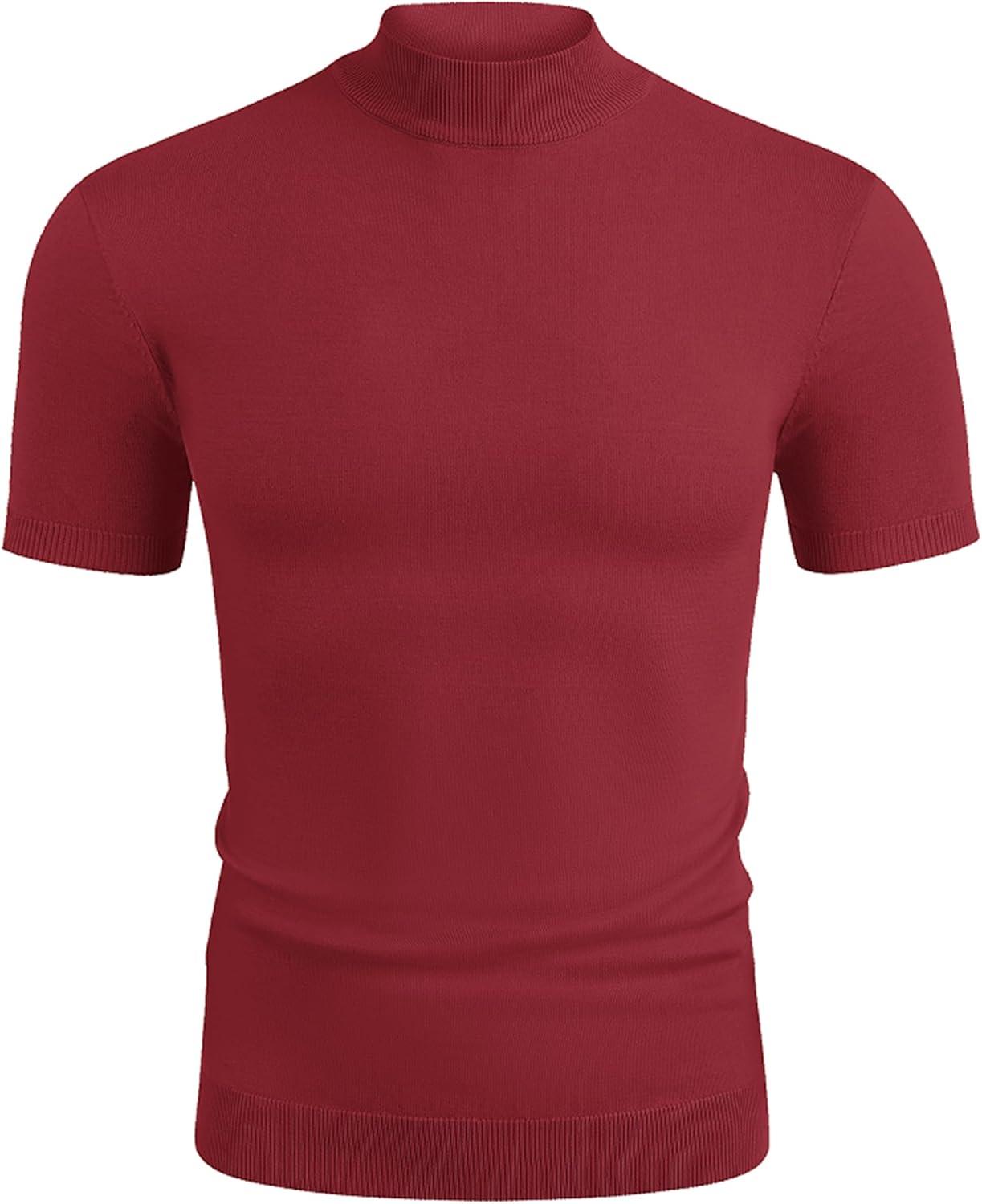 imageCOOFANDY Mens Mock Turtleneck Sweater Short Sleeve Casual Dress Sweater Slim Fit Pullover Basic Knit TeeWine Red