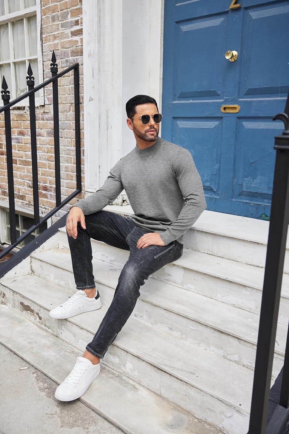 imageCOOFANDY Mens Mock Turtleneck Sweaters Long Sleeve Casual Knit Shirts Half Neck Thermal Lightweight Pullover SweaterLight Grey