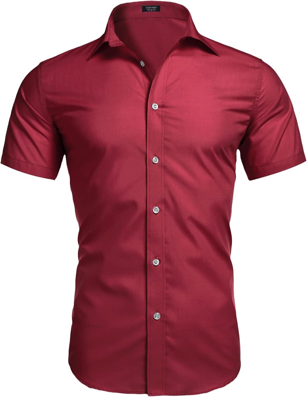 imageCOOFANDY Mens Muscle Fit Dress Shirts WrinkleFree Short Sleeve Casual Button Down ShirtWine Red