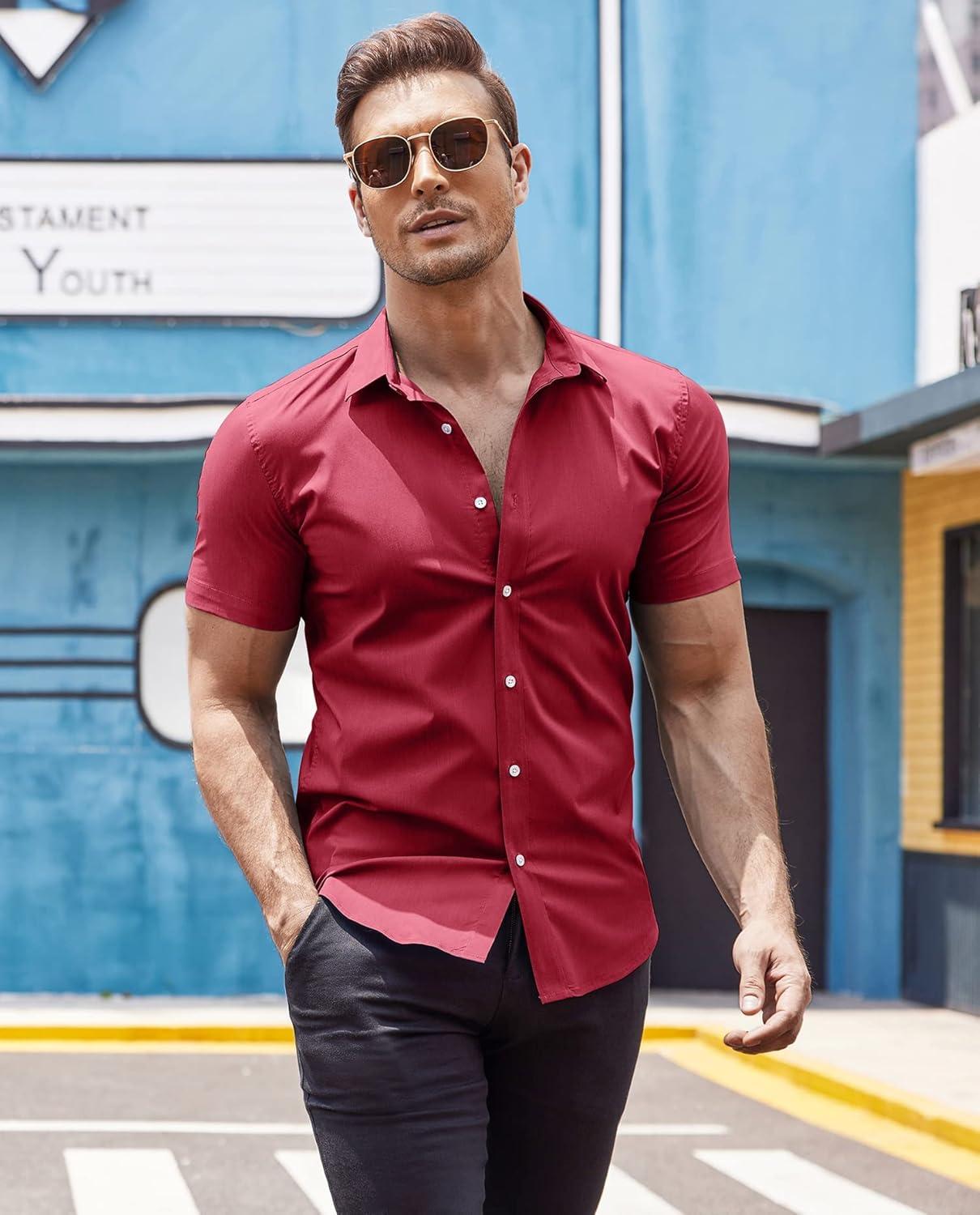imageCOOFANDY Mens Muscle Fit Dress Shirts WrinkleFree Short Sleeve Casual Button Down ShirtWine Red