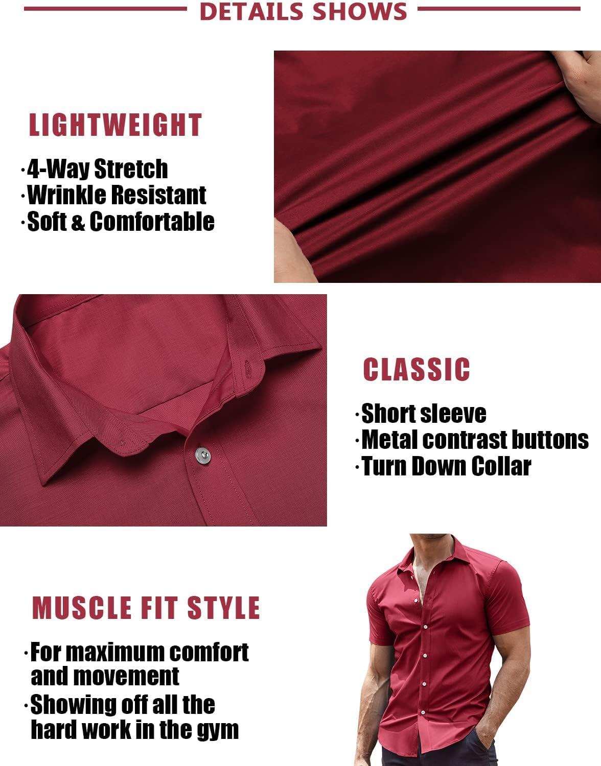 imageCOOFANDY Mens Muscle Fit Dress Shirts WrinkleFree Short Sleeve Casual Button Down ShirtWine Red
