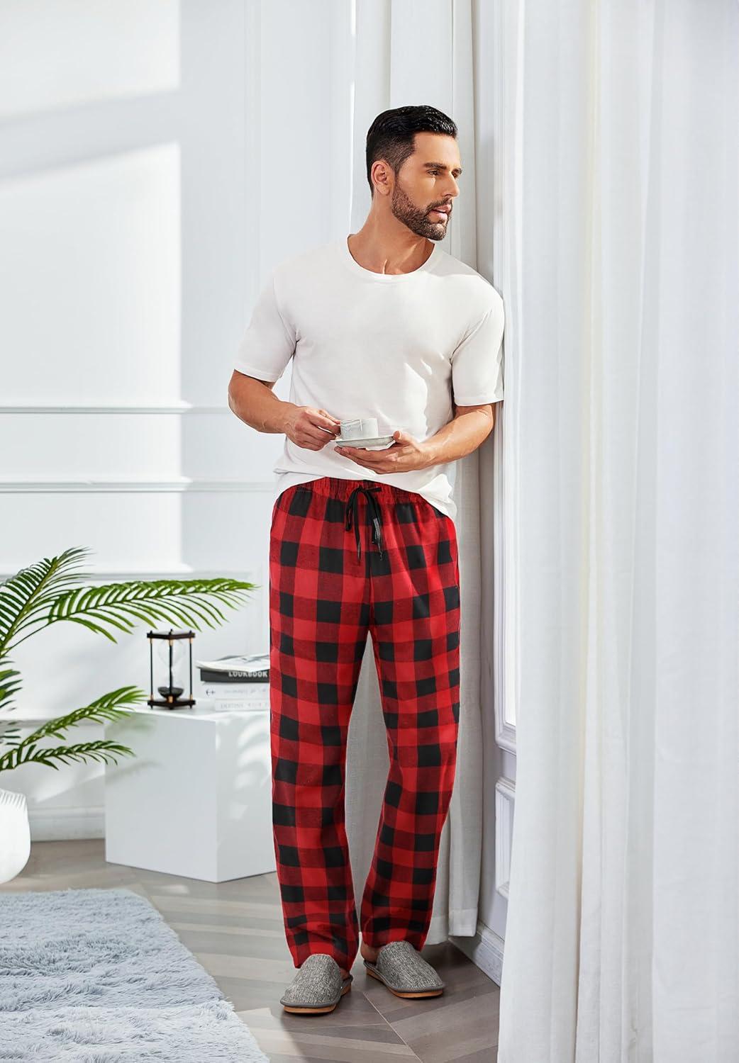 imageCOOFANDY Mens Plaid Casual Pants Soft Cotton Pajama Pants Drawstring Checkered Lounge Sweatpant with PocketsRed Black Plaid