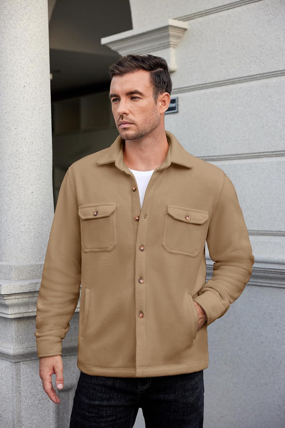 imageCOOFANDY Mens Polar Fleece Shacket Long Sleeve Casual Button Down Shirt Jacket with PocketsKhaki