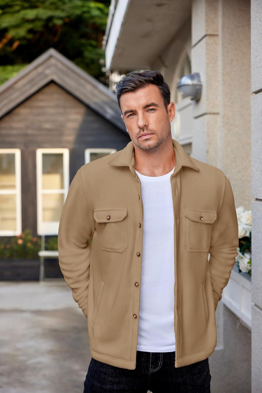 imageCOOFANDY Mens Polar Fleece Shacket Long Sleeve Casual Button Down Shirt Jacket with PocketsKhaki