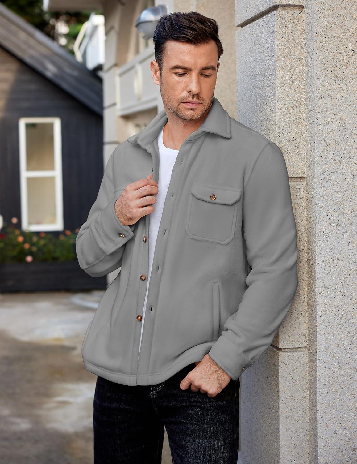 imageCOOFANDY Mens Polar Fleece Shacket Long Sleeve Casual Button Down Shirt Jacket with PocketsLight Grey