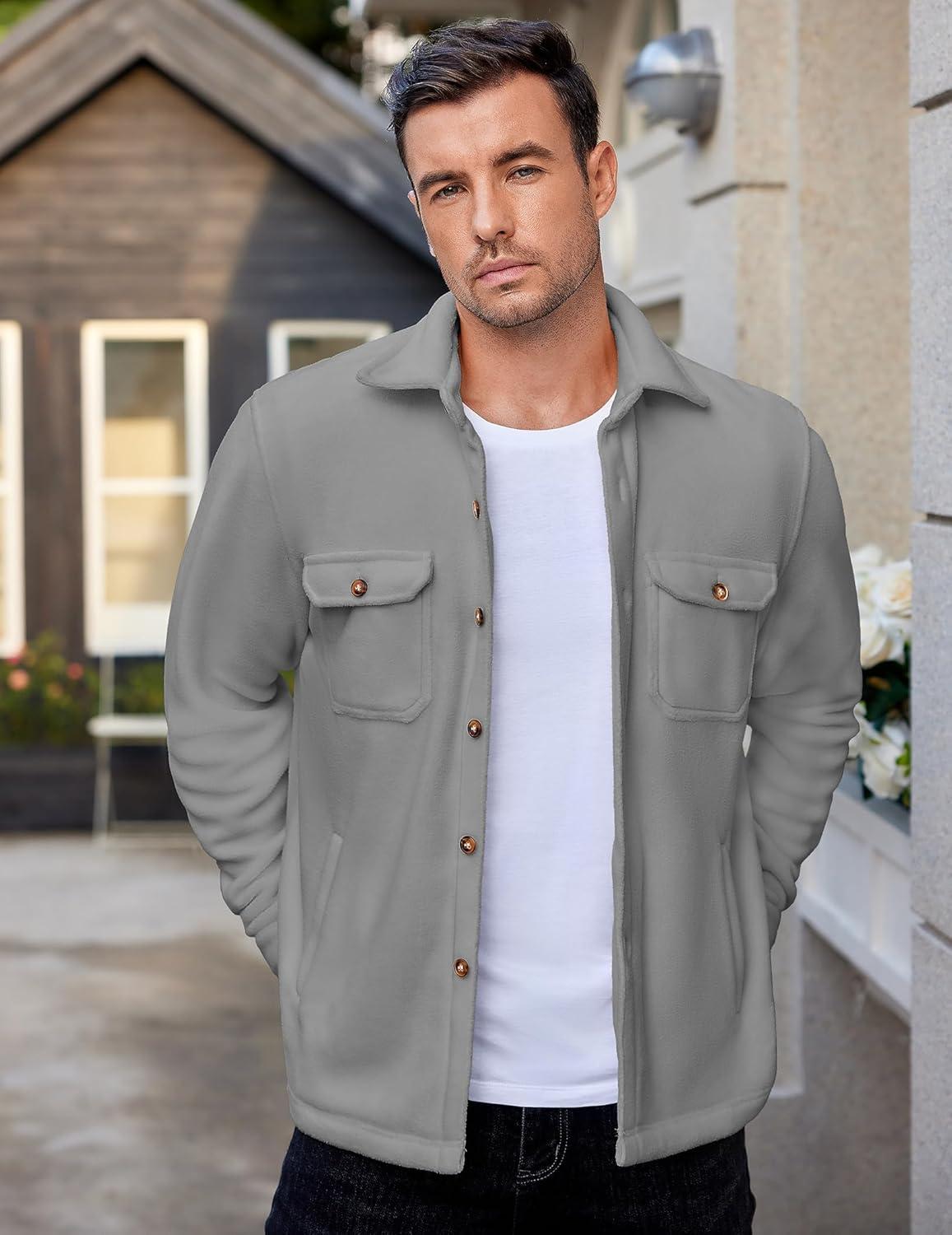 imageCOOFANDY Mens Polar Fleece Shacket Long Sleeve Casual Button Down Shirt Jacket with PocketsLight Grey