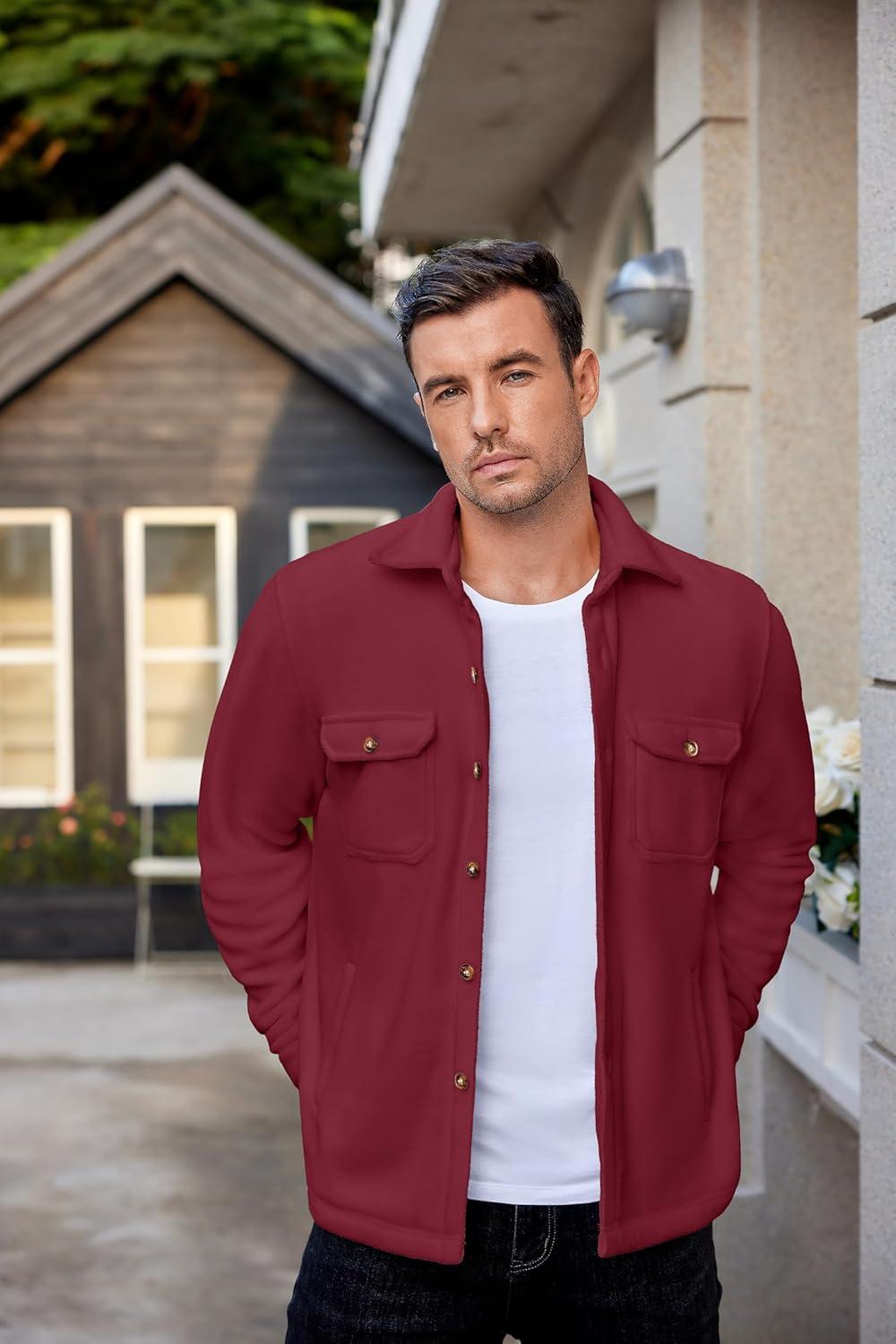 imageCOOFANDY Mens Polar Fleece Shacket Long Sleeve Casual Button Down Shirt Jacket with PocketsWine Red