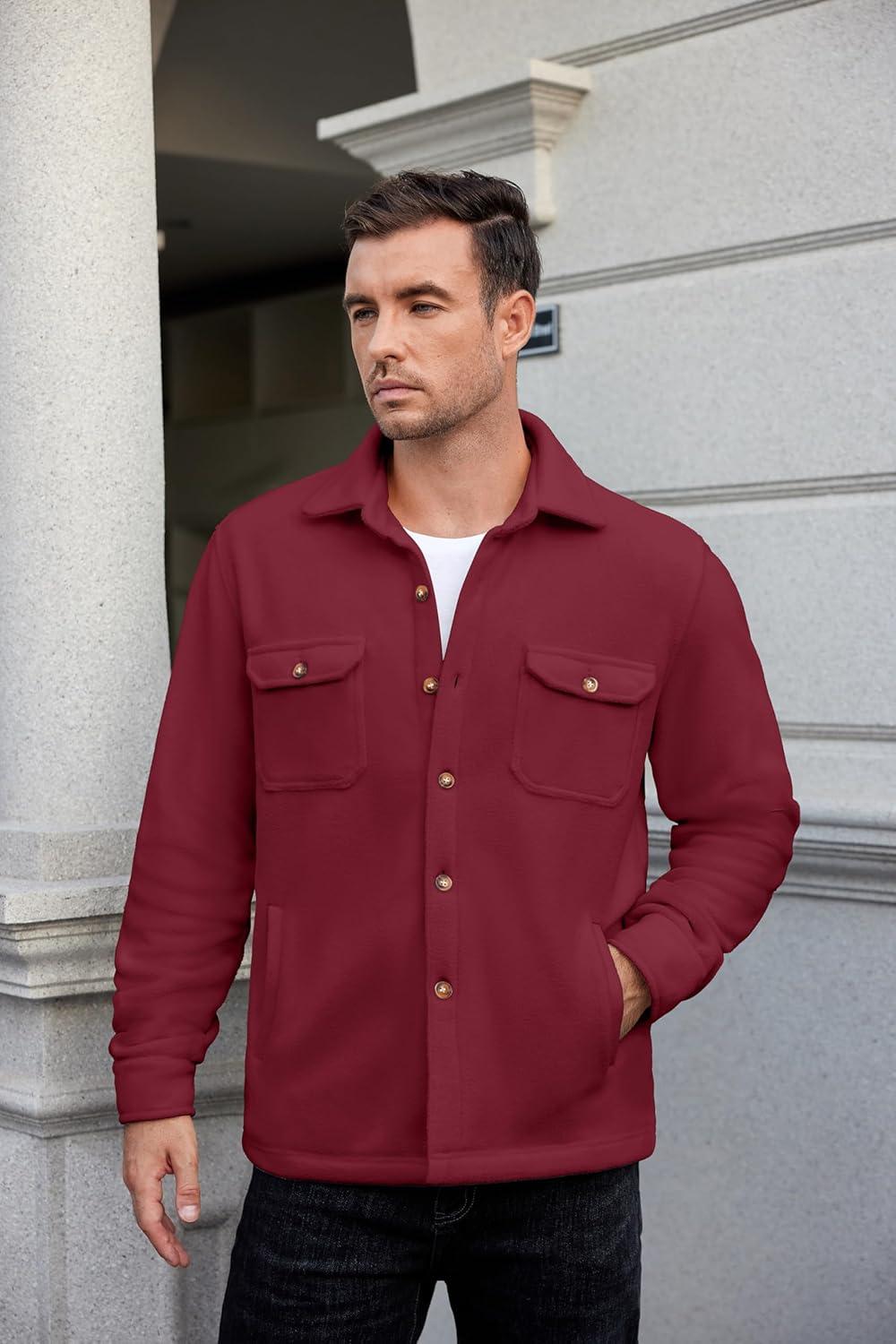imageCOOFANDY Mens Polar Fleece Shacket Long Sleeve Casual Button Down Shirt Jacket with PocketsWine Red