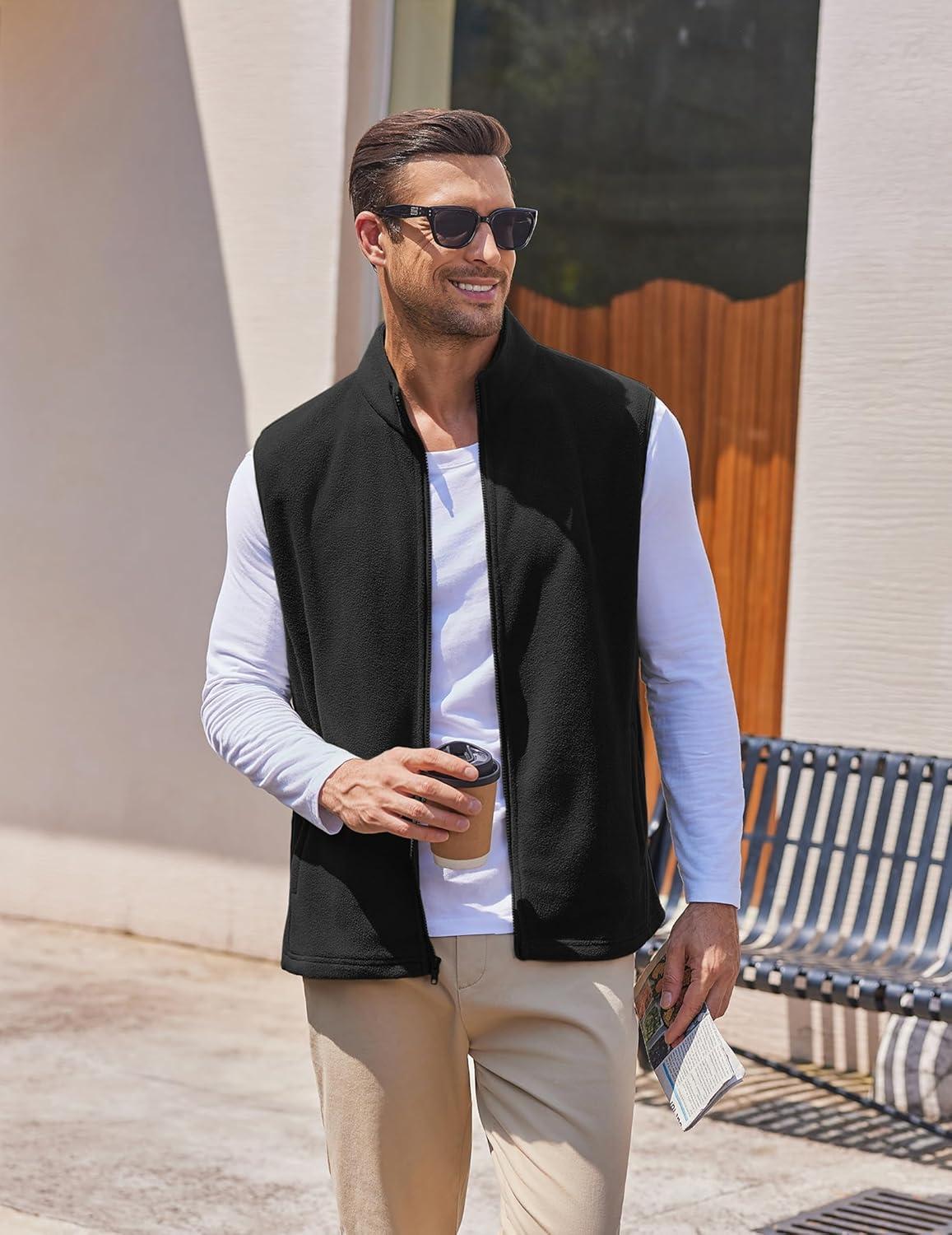 imageCOOFANDY Mens Polar Fleece Vest Lightweight Sleeveless Jacket Warm Zip up Outerwear Vests with Zipper Pockets for HikingBlack