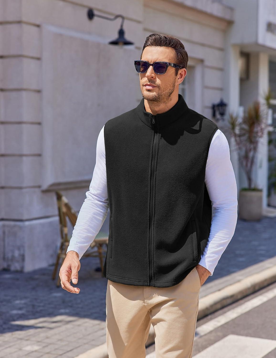 imageCOOFANDY Mens Polar Fleece Vest Lightweight Sleeveless Jacket Warm Zip up Outerwear Vests with Zipper Pockets for HikingBlack