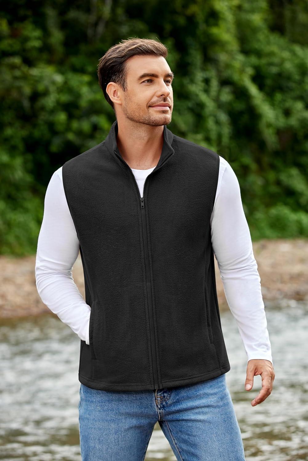 imageCOOFANDY Mens Polar Fleece Vest Lightweight Sleeveless Jacket Warm Zip up Outerwear Vests with Zipper Pockets for HikingBlack