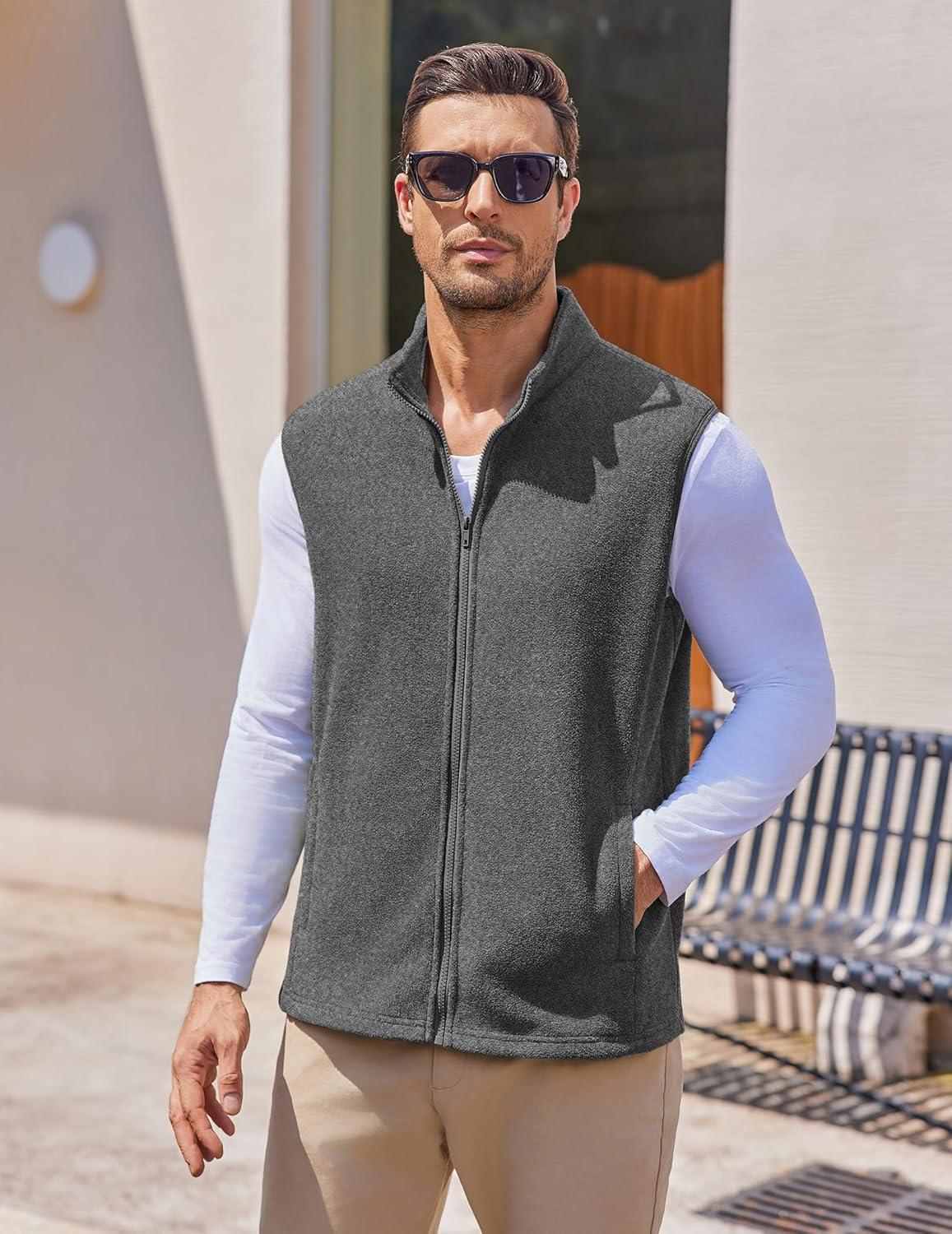 imageCOOFANDY Mens Polar Fleece Vest Lightweight Sleeveless Jacket Warm Zip up Outerwear Vests with Zipper Pockets for HikingHeather Grey