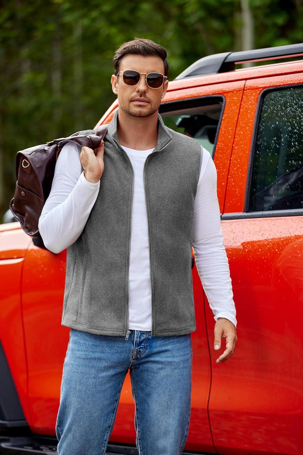 imageCOOFANDY Mens Polar Fleece Vest Lightweight Sleeveless Jacket Warm Zip up Outerwear Vests with Zipper Pockets for HikingHeather Grey