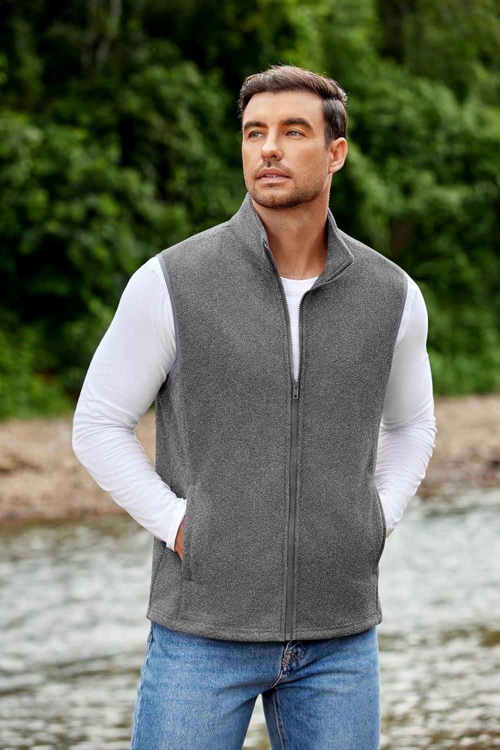 imageCOOFANDY Mens Polar Fleece Vest Lightweight Sleeveless Jacket Warm Zip up Outerwear Vests with Zipper Pockets for HikingHeather Grey