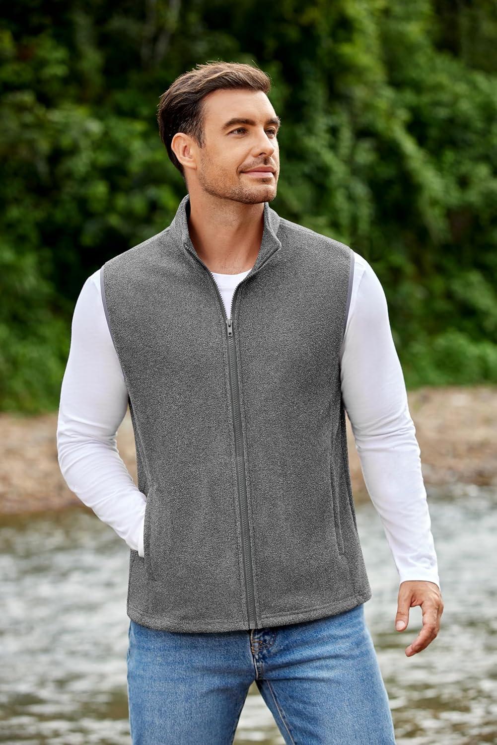 imageCOOFANDY Mens Polar Fleece Vest Lightweight Sleeveless Jacket Warm Zip up Outerwear Vests with Zipper Pockets for HikingHeather Grey