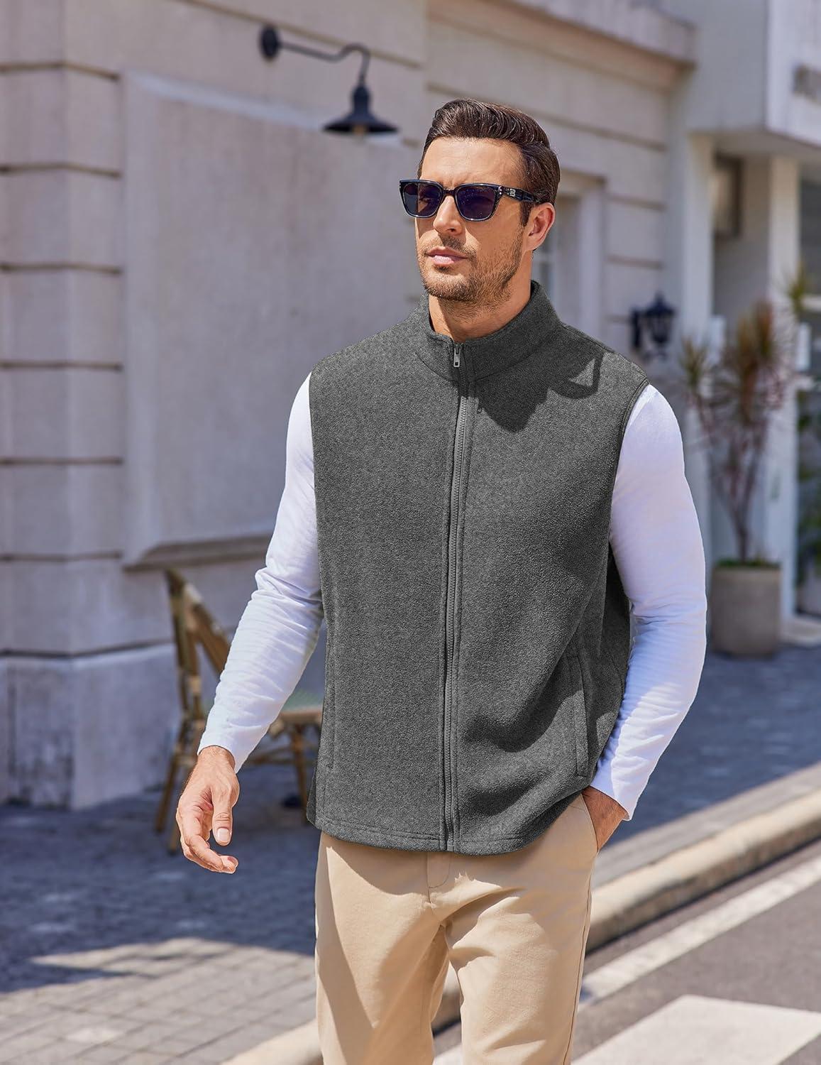 imageCOOFANDY Mens Polar Fleece Vest Lightweight Sleeveless Jacket Warm Zip up Outerwear Vests with Zipper Pockets for HikingHeather Grey