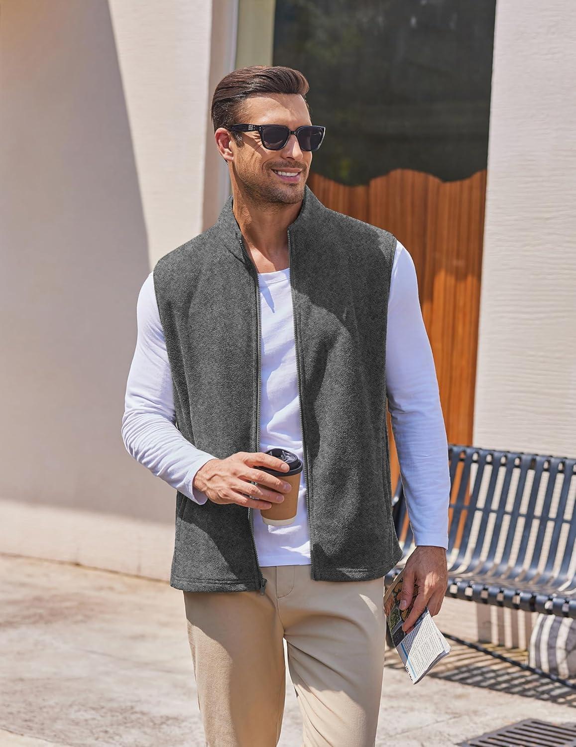 imageCOOFANDY Mens Polar Fleece Vest Lightweight Sleeveless Jacket Warm Zip up Outerwear Vests with Zipper Pockets for HikingHeather Grey