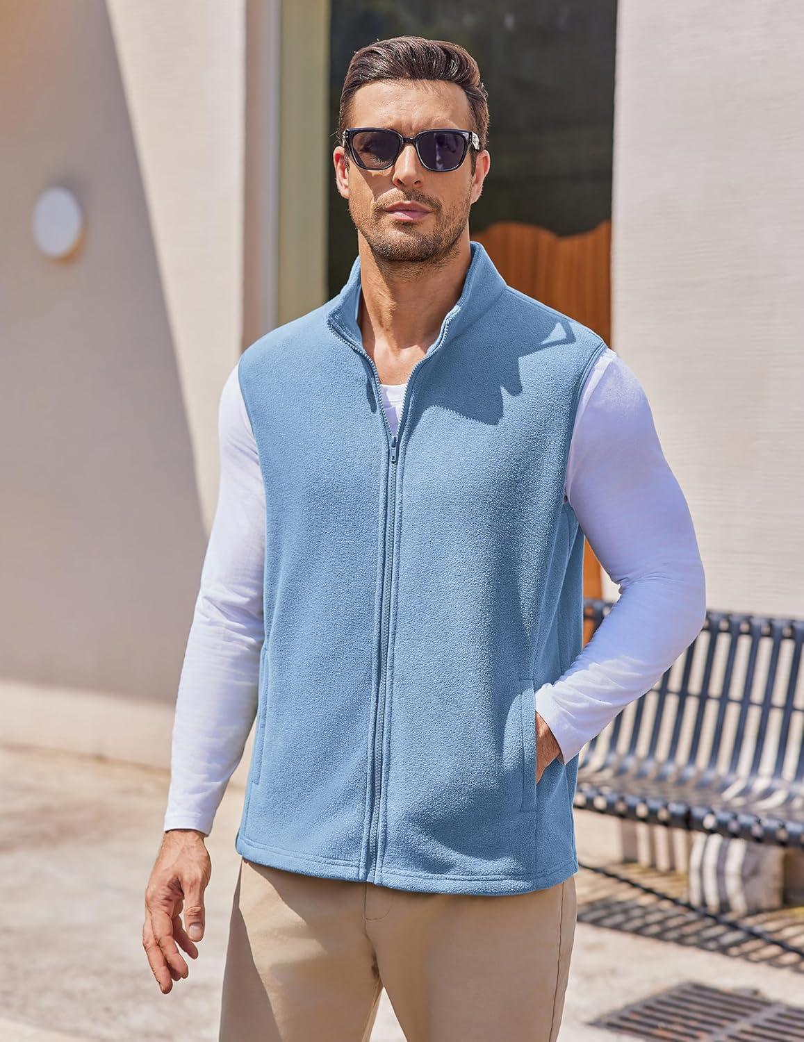 imageCOOFANDY Mens Polar Fleece Vest Lightweight Sleeveless Jacket Warm Zip up Outerwear Vests with Zipper Pockets for HikingLake Blue