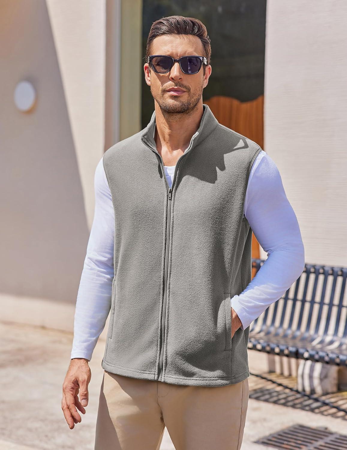 imageCOOFANDY Mens Polar Fleece Vest Lightweight Sleeveless Jacket Warm Zip up Outerwear Vests with Zipper Pockets for HikingLight Grey